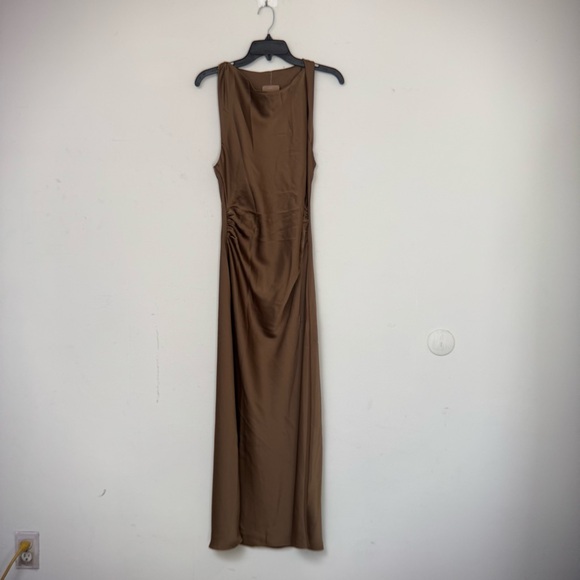 RIHOAS Coffee Satin Boat Neck Slip Midi Dress L/6 - Picture 3 of 5